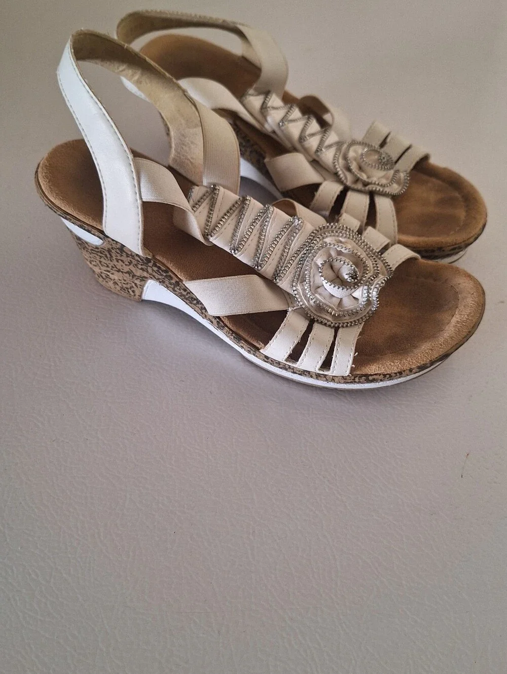 Women's Cream Slingback Wedge Sandals with Floral Accent
